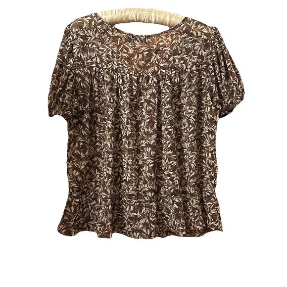 A.N.A. Brown Floral Chiffon Blouse Size L Sheer Peasant Tie Waist Boho Top - Picture 8 of 8